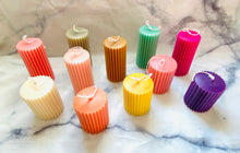 Load image into Gallery viewer, Colourful Ridged Pillar Beeswax Candle