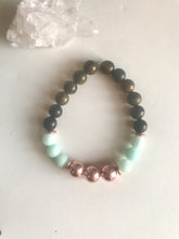Load image into Gallery viewer, Blue Jade Rose Gold & Wood Mala Bracelet