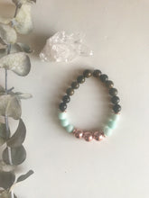 Load image into Gallery viewer, Blue Jade Rose Gold & Wood Mala Bracelet