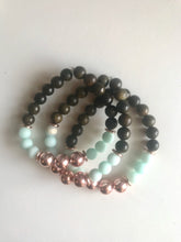 Load image into Gallery viewer, Blue Jade Rose Gold & Wood Mala Bracelet