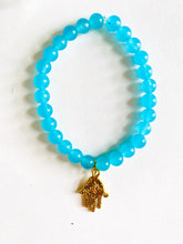 Load image into Gallery viewer, Aquamarine Stretch Bracelet with Hamsa Charm