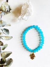 Load image into Gallery viewer, Aquamarine Stretch Bracelet with Hamsa Charm