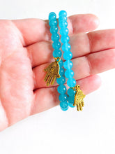 Load image into Gallery viewer, Aquamarine Stretch Bracelet with Hamsa Charm