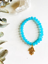 Load image into Gallery viewer, Aquamarine Stretch Bracelet with Hamsa Charm