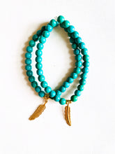Load image into Gallery viewer, Turquoise Magnesite Stretch Bracelet with Feather Charm