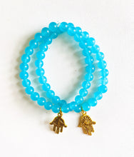 Load image into Gallery viewer, Aquamarine Stretch Bracelet with Hamsa Charm