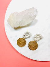 Load image into Gallery viewer, White Flower & Brass Medallion Earrings
