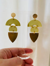 Load image into Gallery viewer, Chartreuse & Brass Shield Earrings