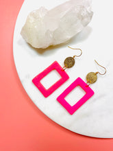 Load image into Gallery viewer, Neon Pink Rectangle Dangle Earrings