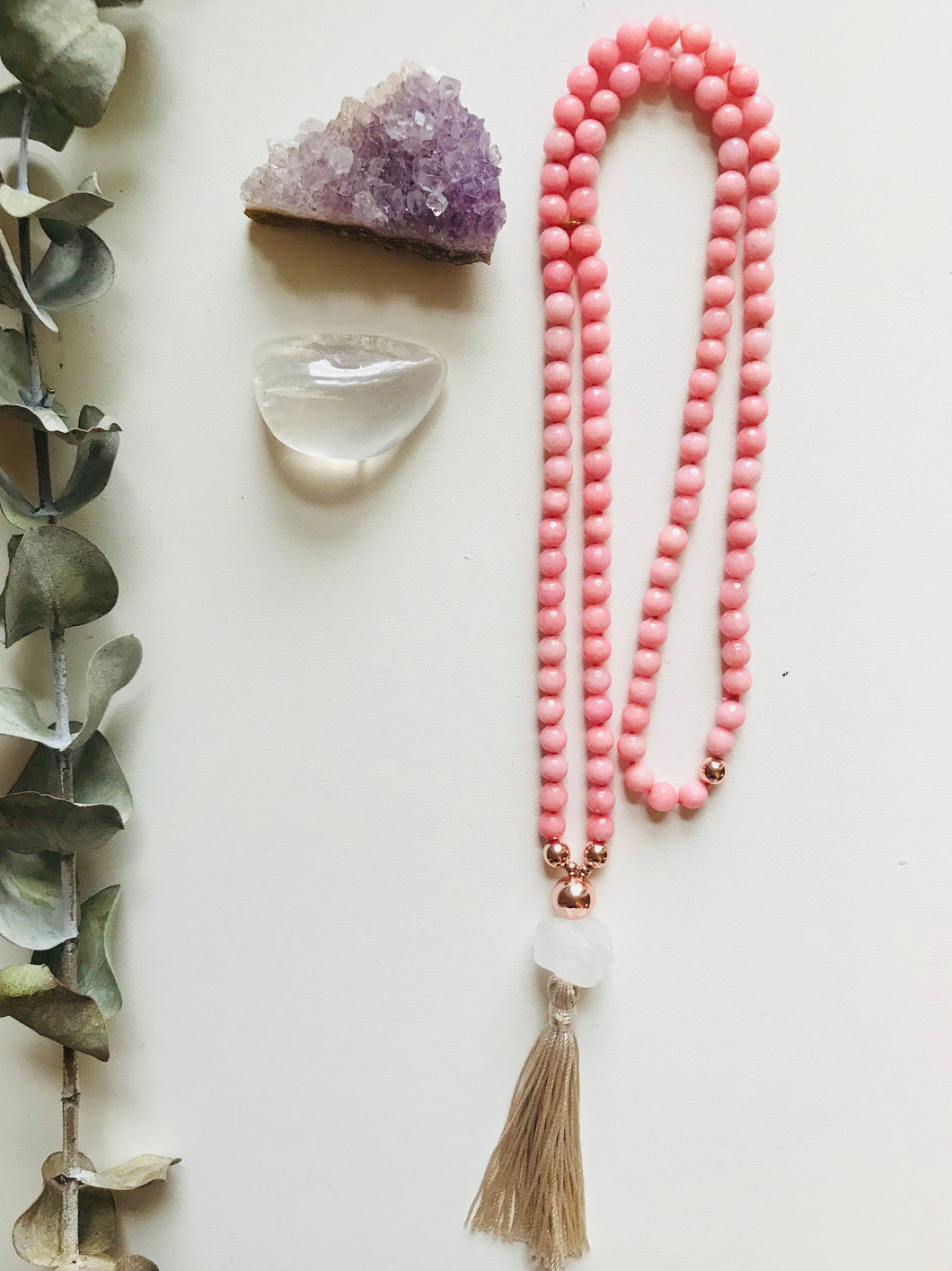 Pink Jade & Crystal Quartz Mala Necklace