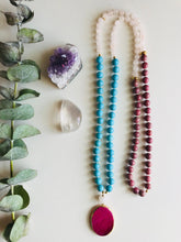 Load image into Gallery viewer, Rose Quartz, Rhondonite, Quartz, Agate &amp; Magnesite Mala Necklace
