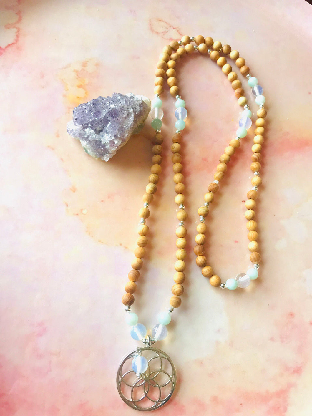 Seed of Life Opal, Crystal Quartz & Rosewood Mala Necklace