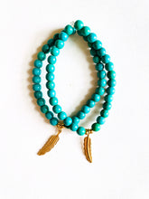Load image into Gallery viewer, Turquoise Magnesite Stretch Bracelet with Feather Charm
