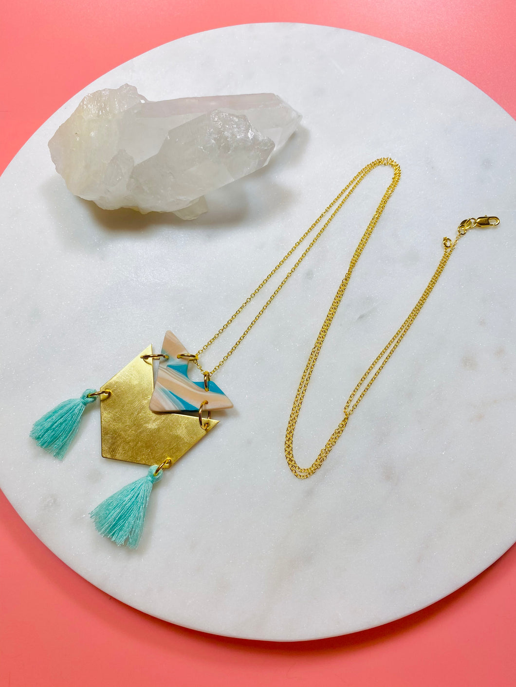 Aqua Chevron, Brass & Tassel Necklace