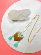Load image into Gallery viewer, Aqua Chevron, Brass &amp; Tassel Necklace
