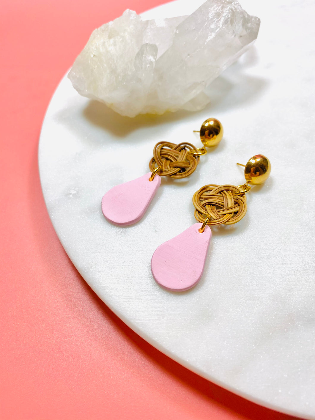 Rattan Rosette and Pink Teardrop Earrings