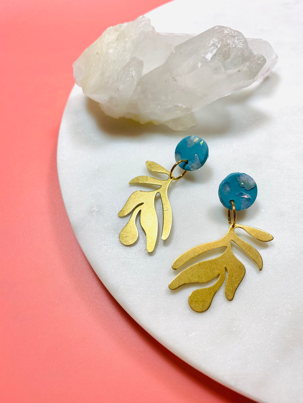 Blue & Brass Leaf Stud Earrings