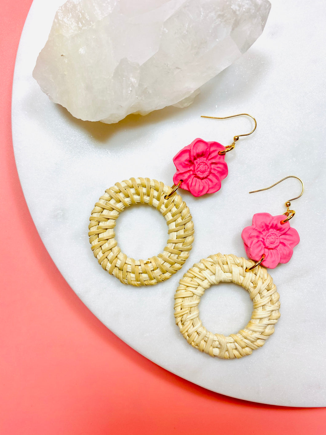 Pink Flower & Rattan Earrings