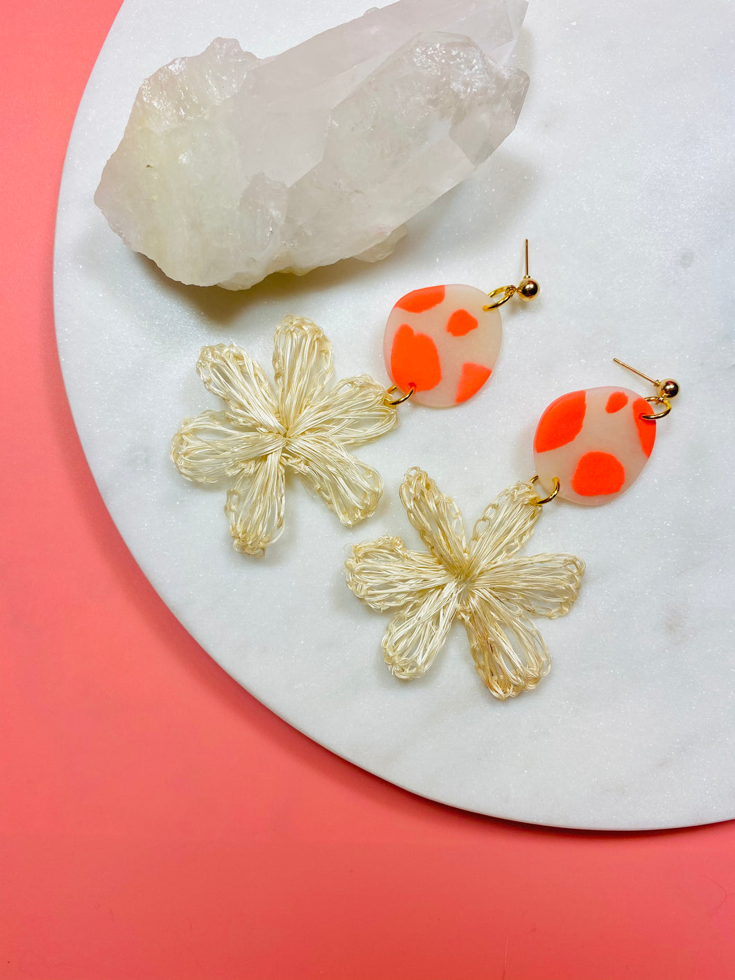 Coral & Rattan Flower Drop Earrings