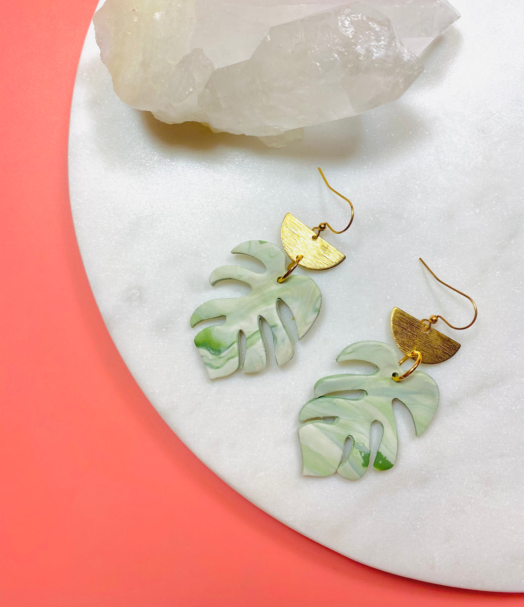 Monstera & Brass Earrings